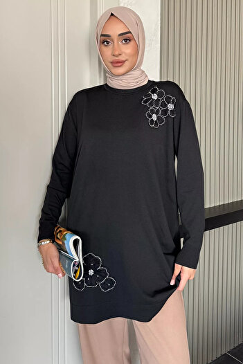 julude Black Crew Neck Floral Patterned Hijab Knitwear Tunic (Fits Sizes S-M-L-Xl.)