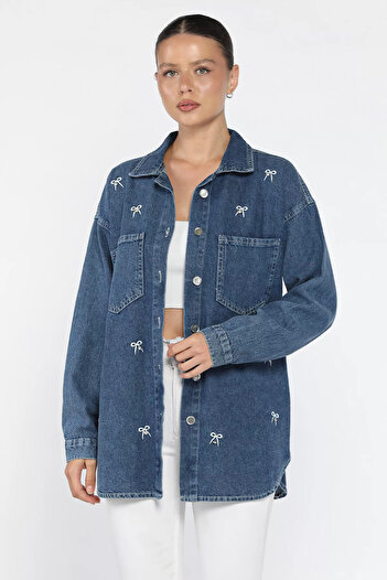 julude Navy Blue Women's Embroidered Detailed Stone Embellished Double Pocket Jean Denim Jacket