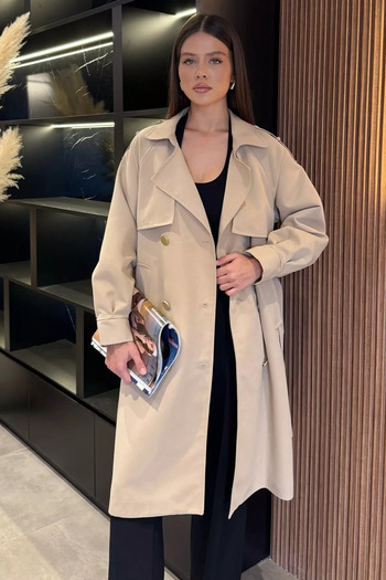 julude Beige Women's Lined Belted Trench Coat