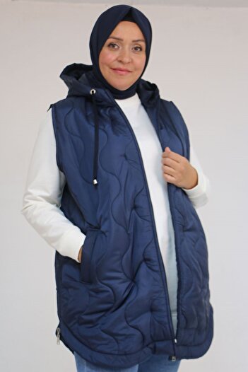 Eslina 44007 Plus Size Oval Cut Quilted Vest with Side Slits - Navy Blue