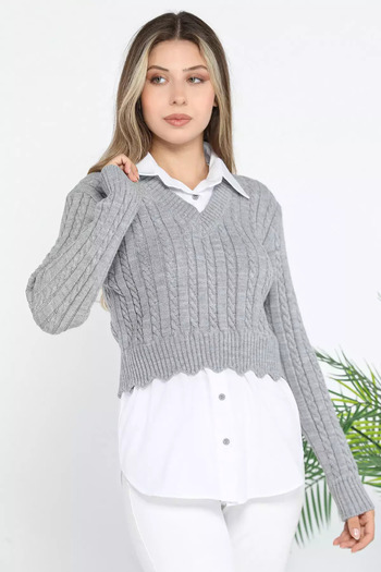 julude Gray Women's Shirt Garnished Knit Detailed Knitwear Blouse (Suitable for S-M-L Sizes)