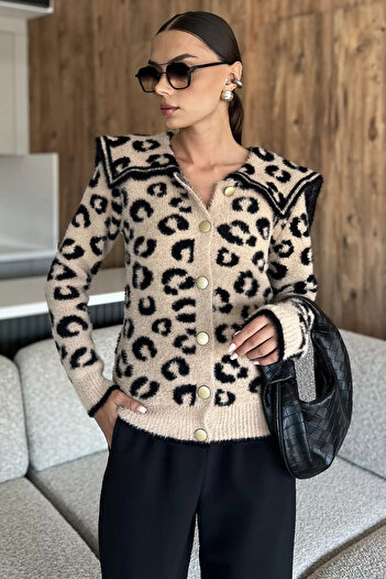 julude Beige Leopard Patterned Embroidered Knitwear Jacket (Available in S, M, L)