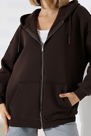 Endies Shardonlu Zippered Hooded Oversize Sweatshirt 21618 Brown