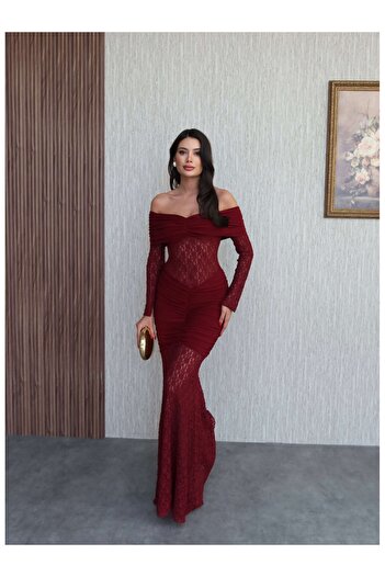 ESRAHELVACI Open Shoulder Waist Draped Lace Dress