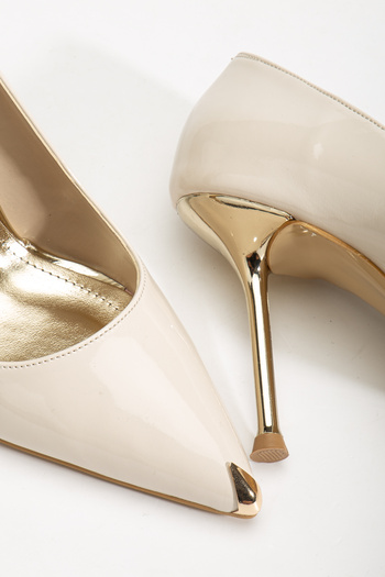 RİSSOLİ Women's Beige Patent Leather Toe Gold Detailed Thin Heeled Stiletto