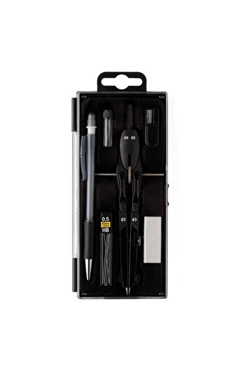 SHOPIENS 6 Piece Black Metal Compass with Wheel Set, 0.5 mm Mechanical Pencil, Eraser, Sharpener, Plastic Box