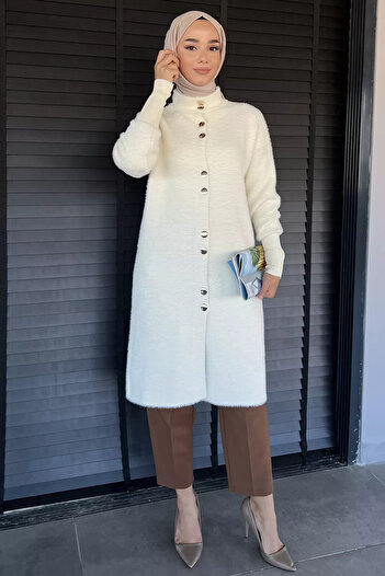 julude Cream Gold Buttoned Hijab Soft Knitwear Cardigan