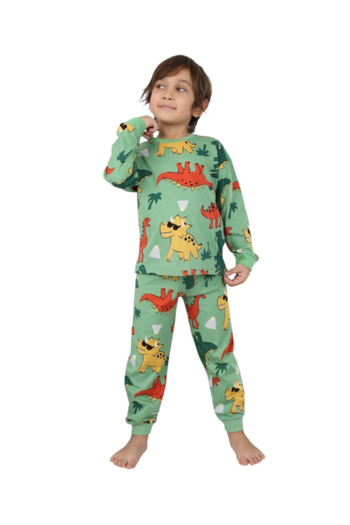 İsobel Kids Pijama cu dinozauri, verde, 100% bumbac