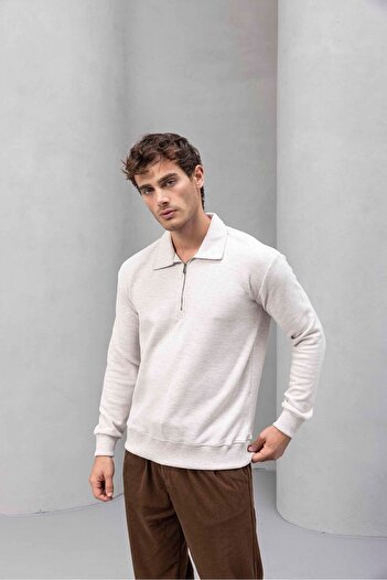 Valiberta Eric Relax Fit Half Zip Polo Neck Thessaloniki Fabric Men's Sweatshirt - Stone