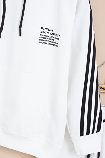 Cansın Mini White Stripe Detailed Text Printed Hooded Boys' Tracksuit Set 21450