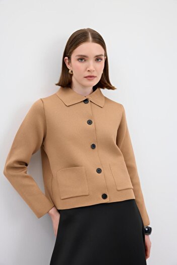 KADRİYE BAŞTÜRK Solid Color Midi Knitwear Cardigan Camel