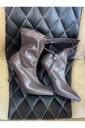 DABAB AYAKKABI Women's Marya Brown Stretch Skin Side Zipper Pointed Toe Thin Heeled Boots