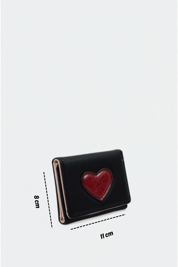Mazel Design 7169 Genuine Leather Heart Detailed Mini Imported Women's Wallet Black