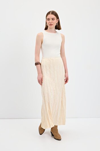 KADRİYE BAŞTÜRK Wrinkled Look Long Suede Skirt Bone
