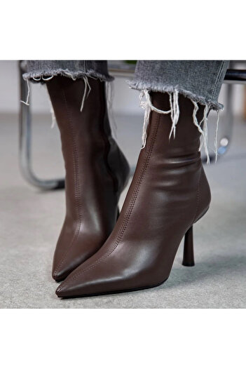 DABAB AYAKKABI Women's Marya Brown Stretch Skin Side Zipper Pointed Toe Thin Heeled Boots