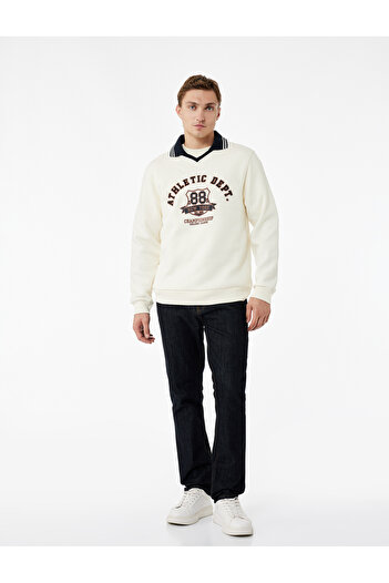 Koton Color Contrast Polo Neck Long Sleeve College Printed Sweatshirt