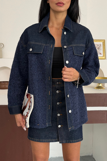 Ortaya Çık Navy Blue Denim Detailed Boucle Jacket