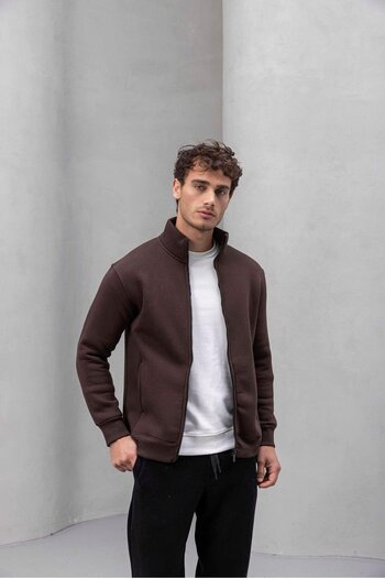 Valiberta Marcel Regular Fit Zippered Pocket Three-Thread Ribbed Men's Sweatshirt - Brown