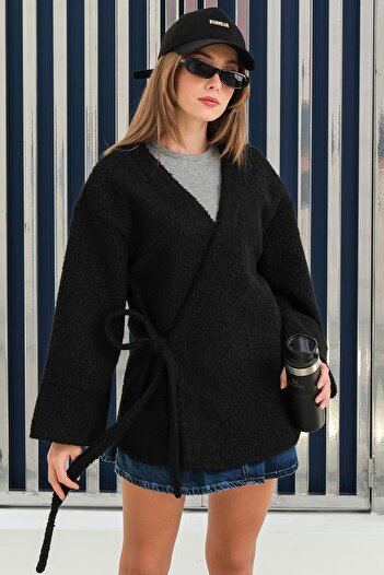 Olcay Front Tie Boucle Kimono Jacket Black 8265