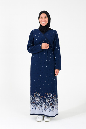 Bilenler Dotted Floral Pattern Double Breasted Prayer Dress – 100% Viscose, Side Tie, Comfortable Fit Size 36-46