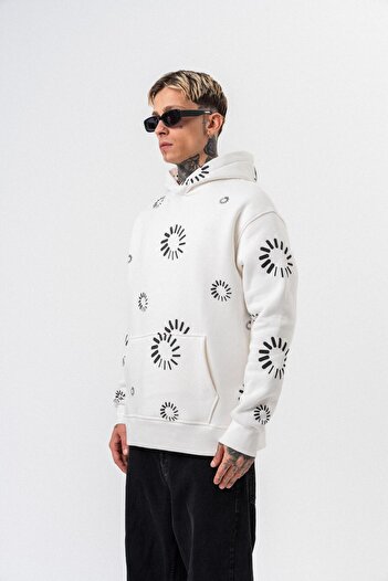 Respire Men's Upload Printed Hooded Oversize Hoodie Ecru