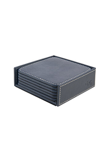 2K Coasters, Set of 6, Desktop Square Cup Coaster, Vegan Faux Leather, 11X11 Cm., Navy Blue