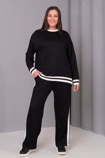 tarzımsüper Women's Plus Size Stripe Detailed Elastic Waist Pocketed Sports Casual Tracksuit Set