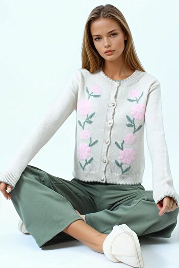 VAGGON Women's Pink Floral Patterned Buttoned Knitwear Cardigan Vs01047