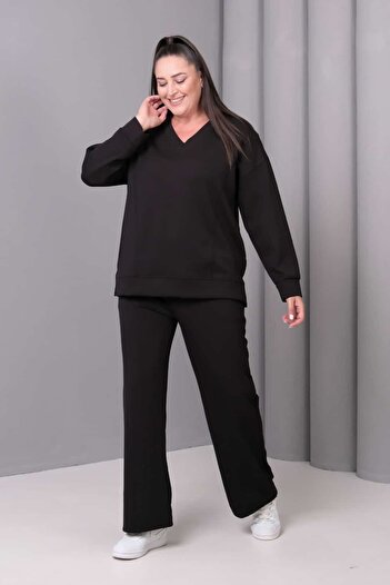 tarzımsüper Women's Plus Size Elastic Waist V-Neck Pocketed Sport Casual Tracksuit Set