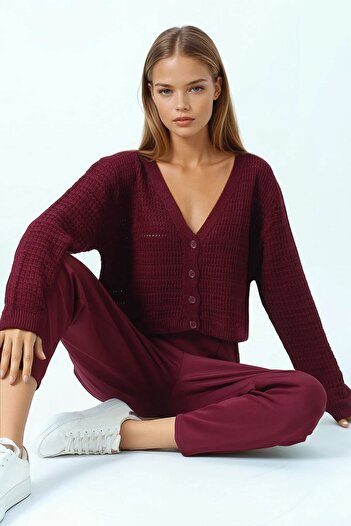VAGGON Women's Burgundy Textured Knitted Patterned Long Sleeve Buttoned Knitwear Cardigan Vs01049