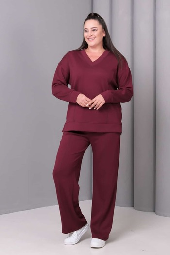 tarzımsüper Women's Plus Size Elastic Waist V-Neck Pocketed Sport Casual Tracksuit Set