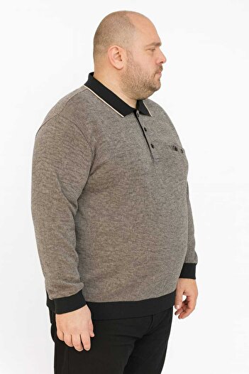 ÖZ BARLA TRİKO Plus Size Collared Pocketed Sand-Patterned Thessaloniki Baba Sweater [Cotton Top Quality Grammage Thick Product]