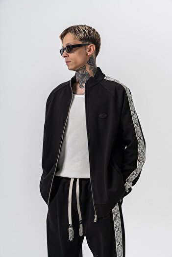 Respire Men's Damask Stripe Detailed Stand Collar Doubleface Zip Oversize Sweatshirt Black