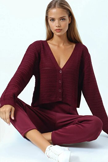 VAGGON Women's Burgundy Textured Knitted Patterned Long Sleeve Buttoned Knitwear Cardigan Vs01049