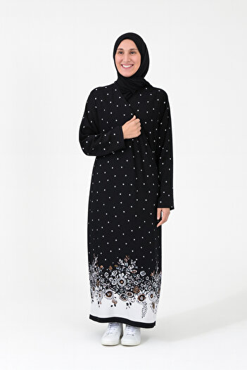 Bilenler Dotted Floral Pattern Double Breasted Prayer Dress – 100% Viscose, Side Tie, Comfortable Fit Size 36-46