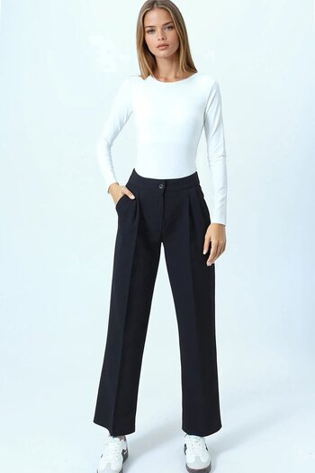 VAGGON Women's Black Double Pocket Button Closure Palazzo Pants Vs01075
