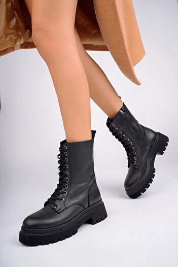 Deripabuc Genuine Leather Black Women's Leather Boots Trc-10936