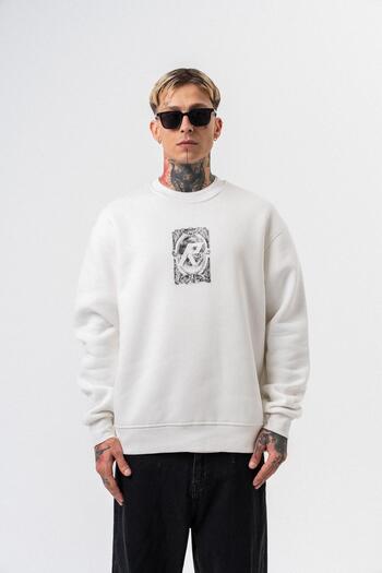 Respire Men's Indefinite Printed Crew Neck Oversize Sweatshirt Ecru