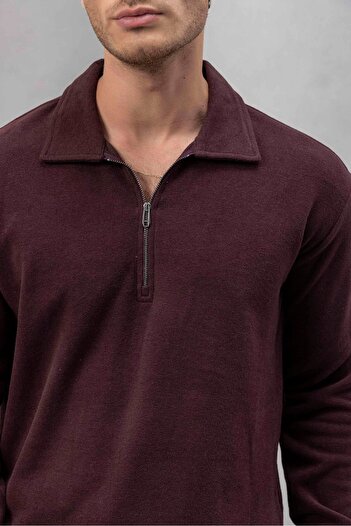Valiberta Eric Relax Fit Half Zip Polo Neck Thessaloniki Fabric Men's Sweatshirt - Burgundy