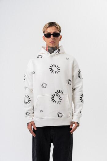 Respire Men's Upload Printed Hooded Oversize Hoodie Ecru
