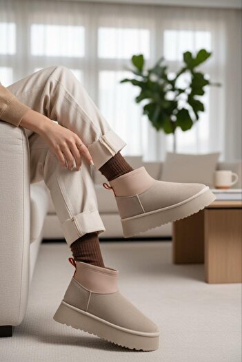 yezy shoes İçi Kürklü Streç Detaylı Kalın Taban Dana Süet Ortopedik Kadın Bot