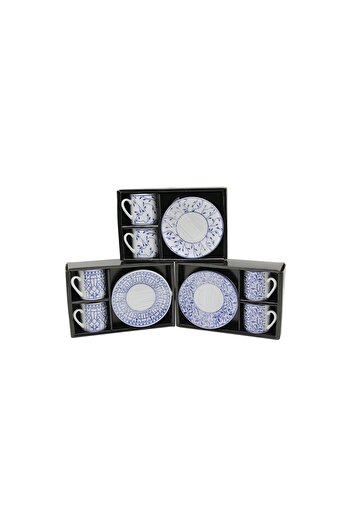 The LOG INVEST Blue - White 4Pcs=2-Set Porcelain Coffee Cup Flower - Line - Dot Mix Pattern