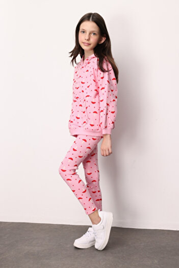 Le Mabelle Pink Patterned Hooded Girls' Tracksuit Set - Nell