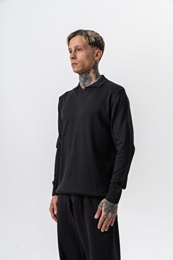 Respire Men's Cotton Blend Polo Neck Knitted Sweater Black