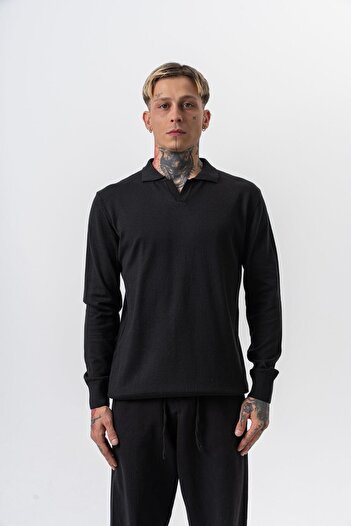 Respire Men's Cotton Blend Polo Neck Knitted Sweater Black