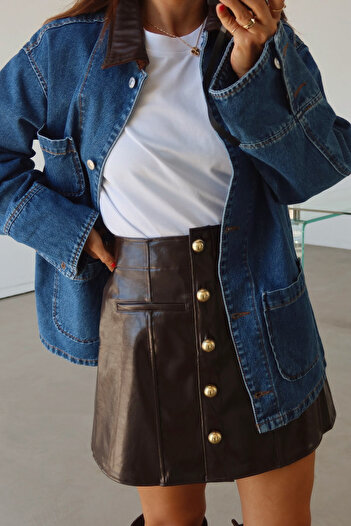 BRTC design Women's Bitter Brown Buttoned Front Leather Mini Skirt