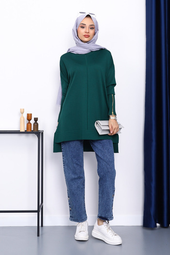 İmajButik Emerald Green Sleeve Zippered Cold Yarn Knitwear Tunic
