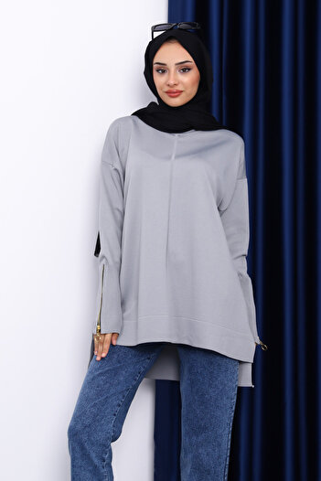İmajButik Gri Kol Fermuarlı Soğuk İplik Triko Tunik