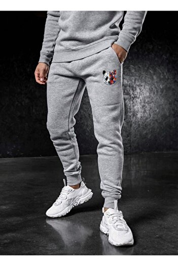 SimStone Unisex Tokyo Panda Printed Winter Cotton Gray Color Ribbed Sweatpants