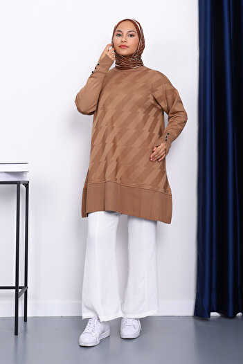 İmajButik Biscuit-Colored Cufflinked Cold-Thread Knit Tunic